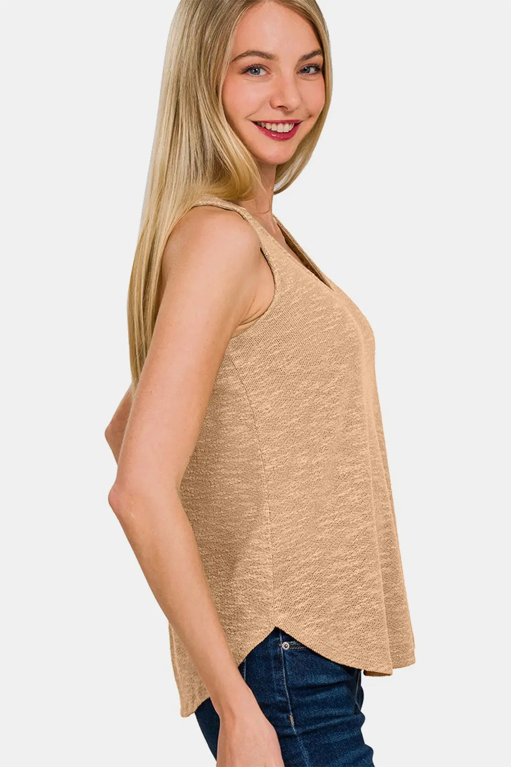 Ashley Dk Brush V-Neck Curved Hem Tank - ThingsWeUseAndLove 