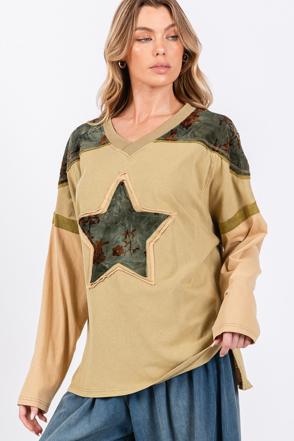 Star Patch Long Sleeve Color Block T-Shirt - ThingsWeUseAndLove 