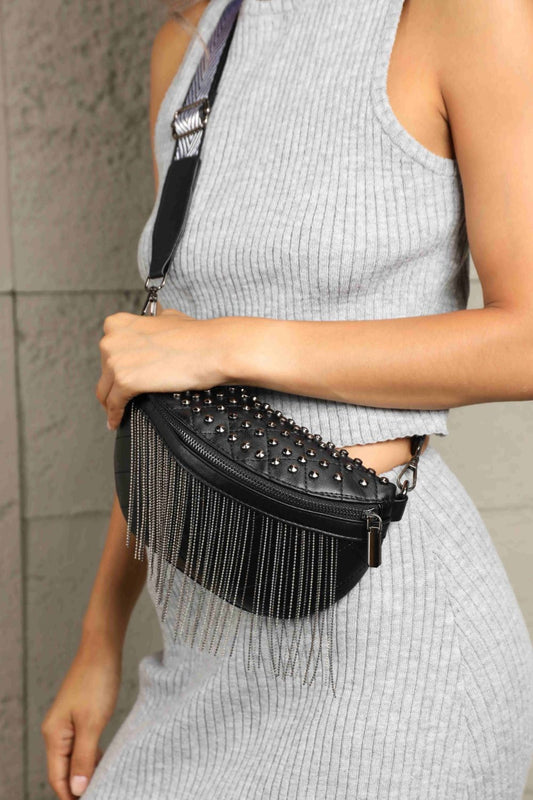 PU Leather Studded Fringed Sling Bag