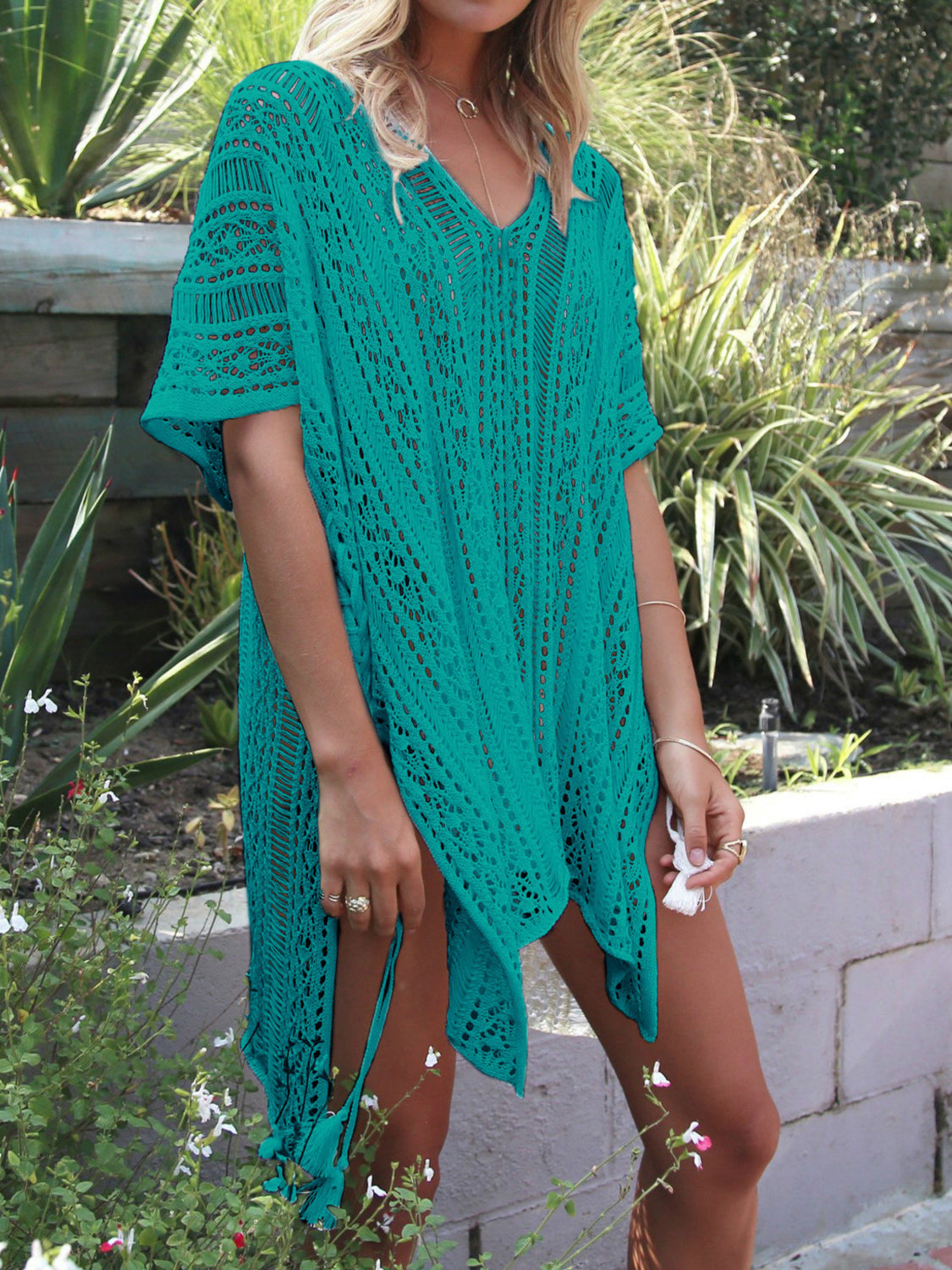 Toni Cutout V-Neck Cover-Up with Tassel - ThingsWeUseAndLove Teal-One-Size