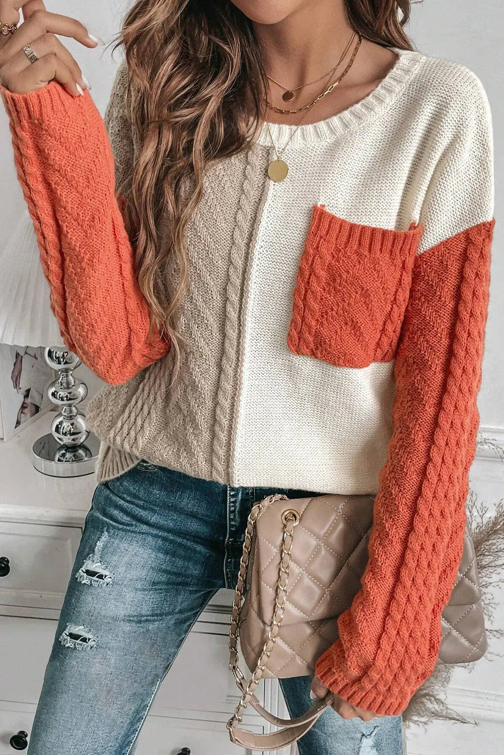 Round Neck Color Block Long Sleeve Sweater - ThingsWeUseAndLove Orange-XL