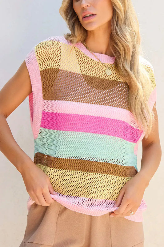 Round Neck Cap Sleeve Color Block Knit Top - ThingsWeUseAndLove Blush-Pink-XL