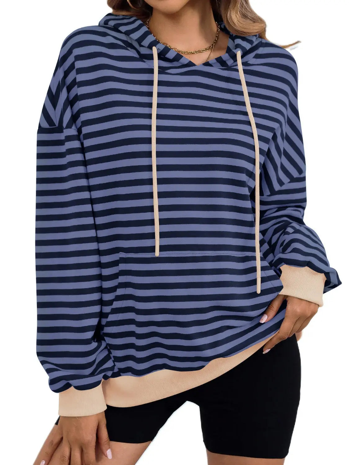 Drawstring Striped Long Sleeve Hoodie - ThingsWeUseAndLove Indigo-XL