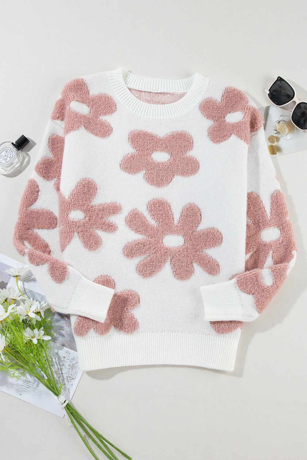 Ava Round Neck Long Sleeve Flower Knit Top - ThingsWeUseAndLove 