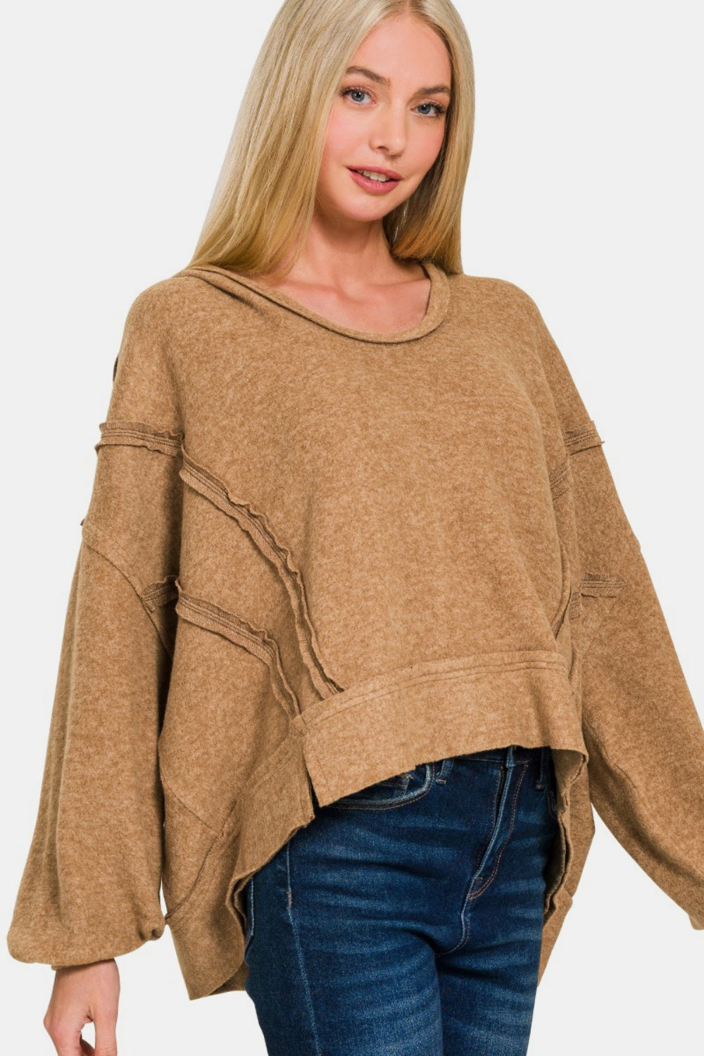 Brushed Hacci Exposed Seam Hoodie - ThingsWeUseAndLove Deep-Camel-L-XL