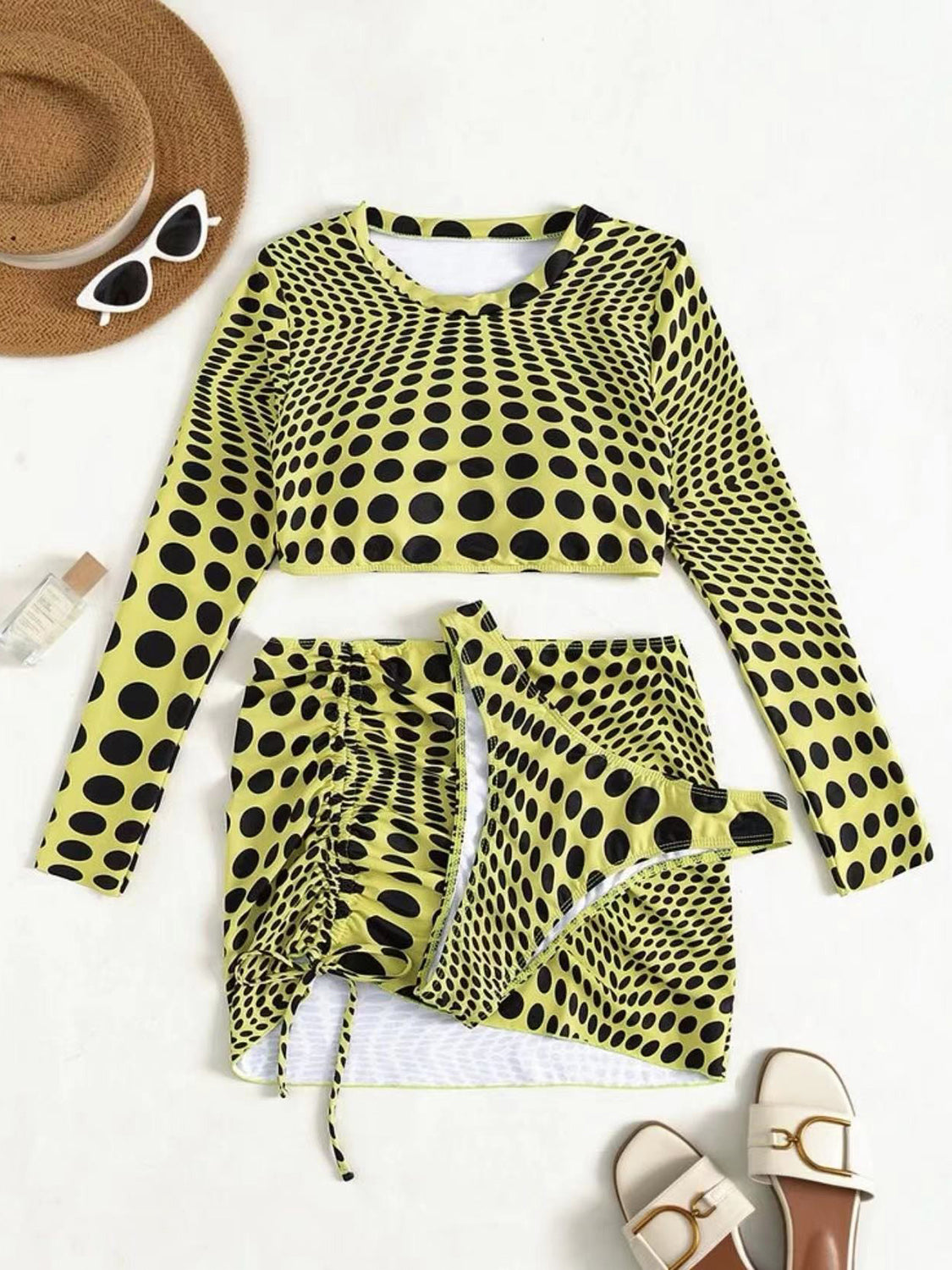 Polka Dot Long Sleeve Three-Piece Swim Set - ThingsWeUseAndLove  35.00