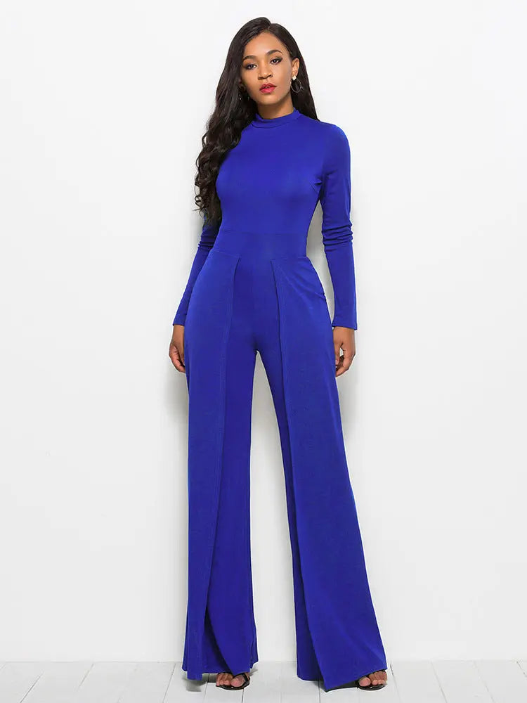 Amanda Long Sleeve Mock Neck Wide Leg Jumpsuit - ThingsWeUseAndLove Royal-Blue-2XL