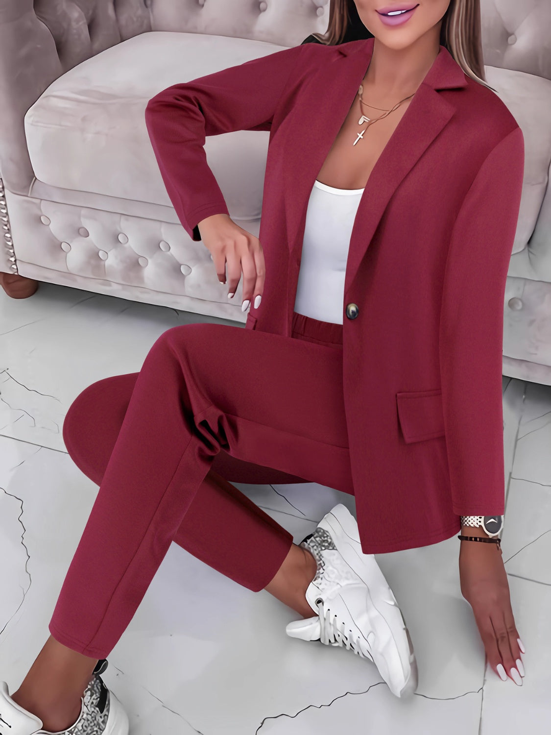 Kelli Long Sleeve Lapel Collar  Top and Pants Set - ThingsWeUseAndLove Burgundy-2XL