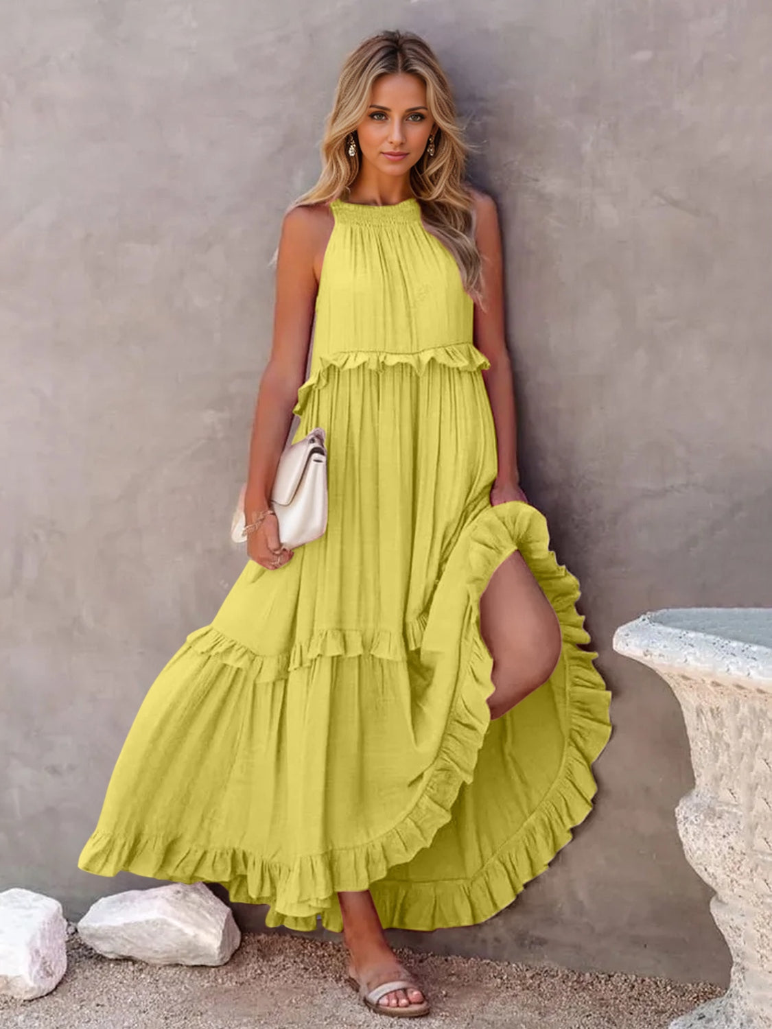 Ruffled Sleeveless Tiered Maxi Dress with Pockets - ThingsWeUseAndLove 