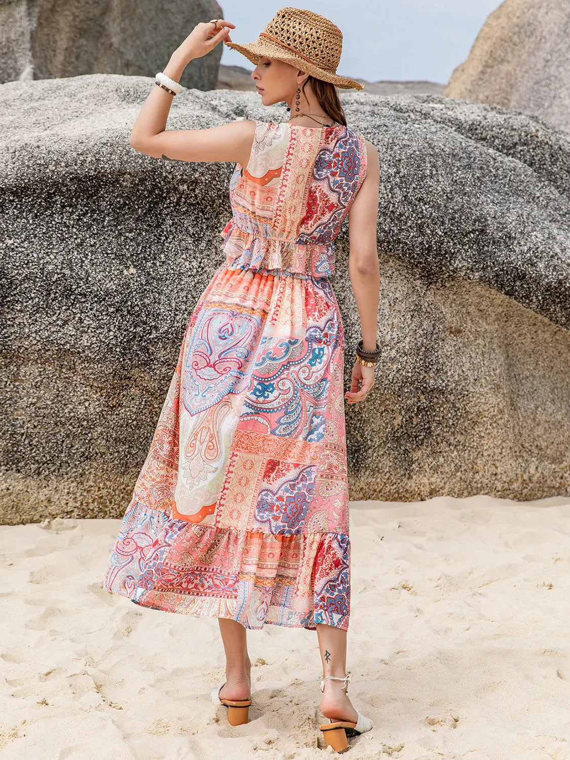 Printed V-Neck Top and Midi Skirt Set - ThingsWeUseAndLove 