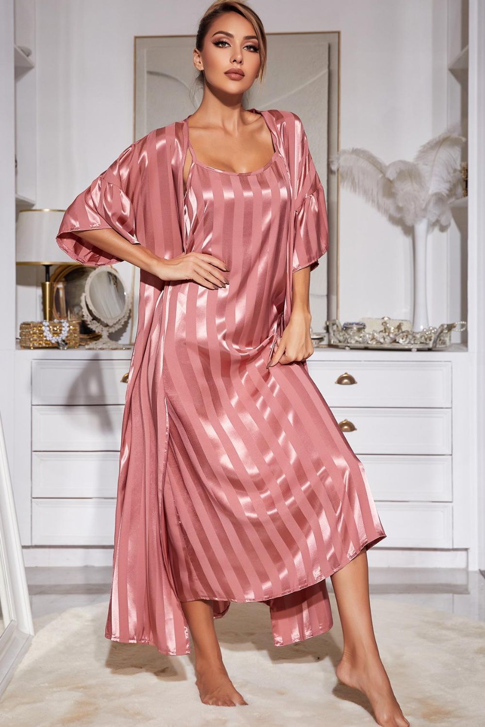 Sweet Dreams Striped Open Front Robe and Cami Dress Set - ThingsWeUseAndLove 