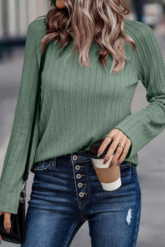 Ribbed Round Neck Knit Long Sleeve Top - ThingsWeUseAndLove Green-2XL