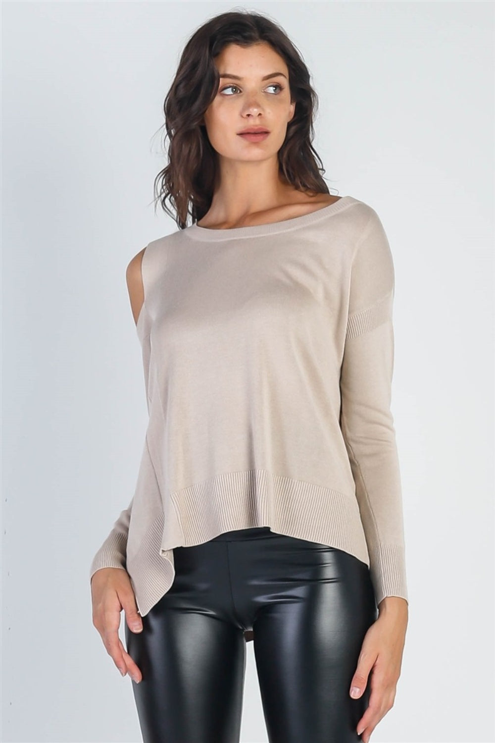 Long-Sleeve Cold Shoulder Knit Top - ThingsWeUseAndLove Beige-L