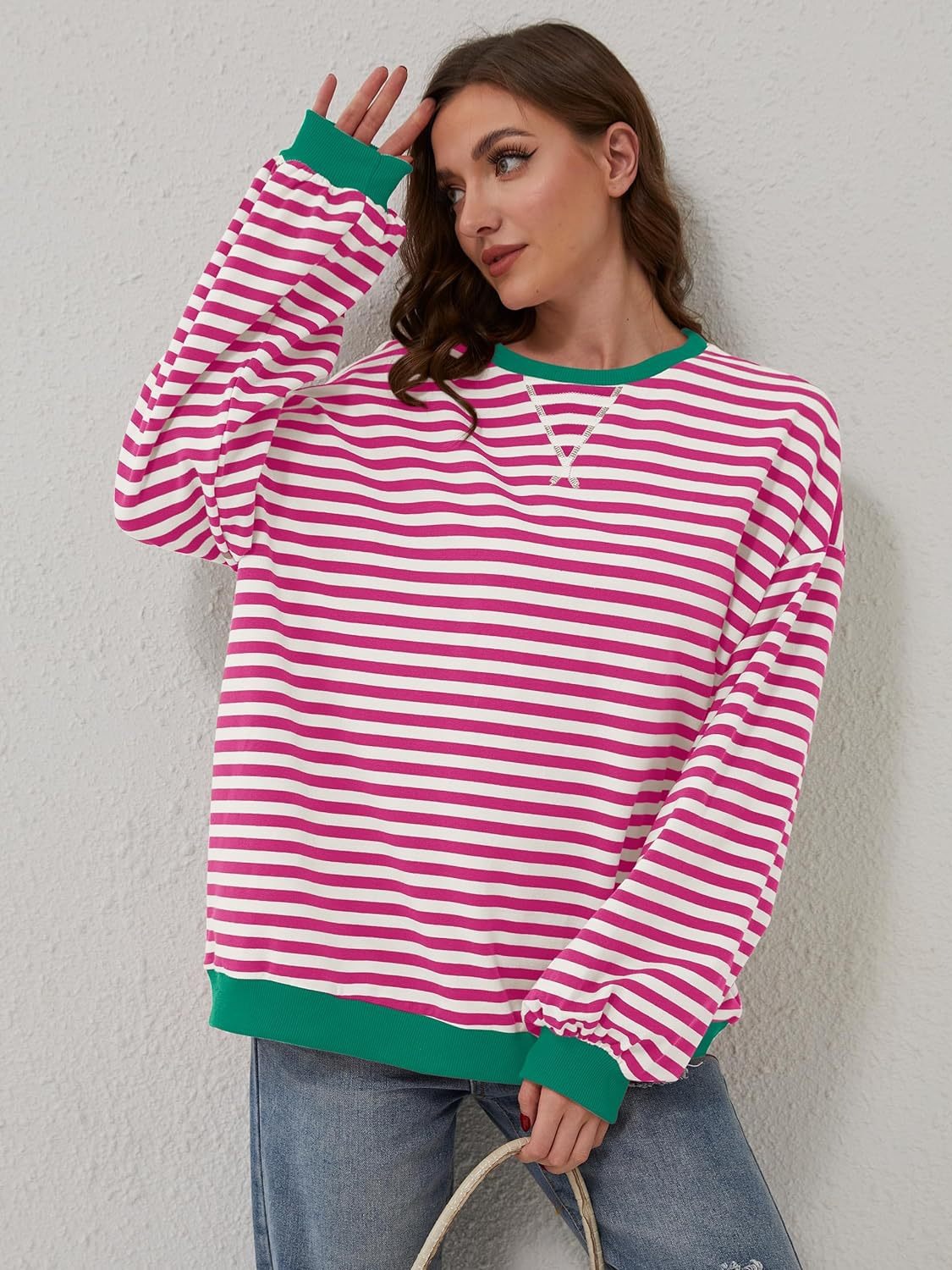 Aviana Contrast Striped Long Sleeve Sweatshirt - ThingsWeUseAndLove Deep-Rose-XL