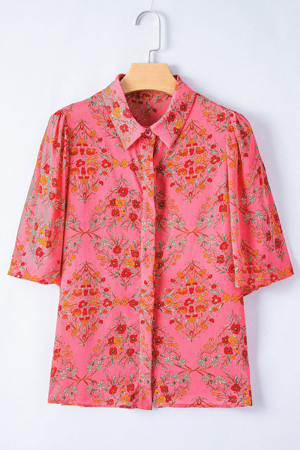 Rose Red Floral Print Wide Short Sleeve Loose Shirt - ThingsWeUseAndLove 