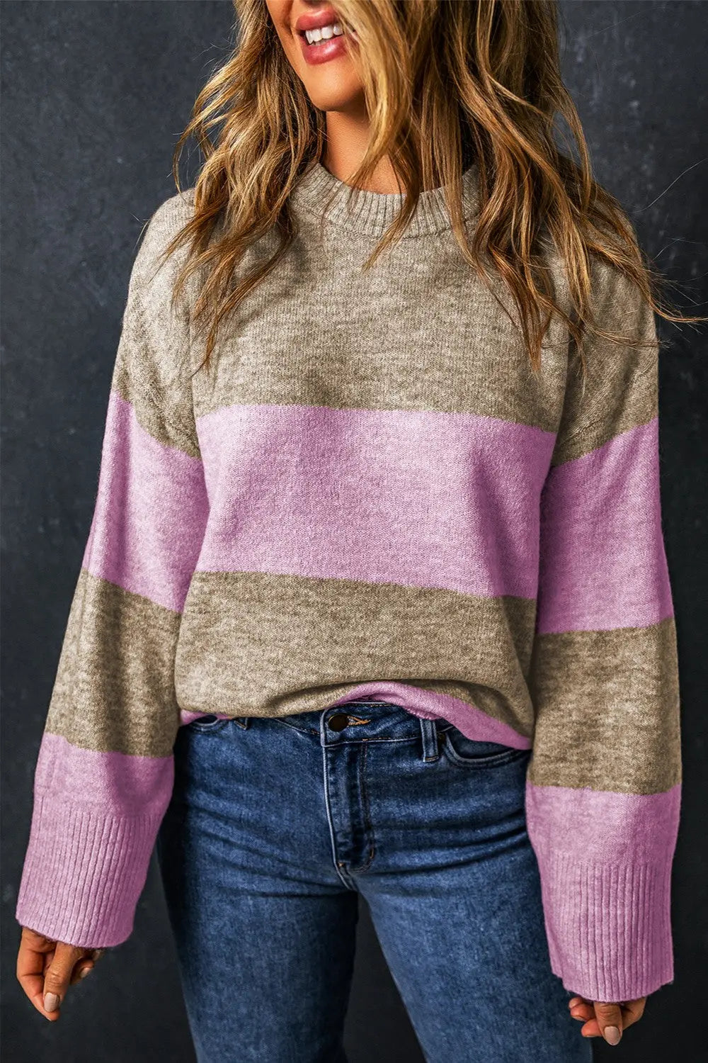 Dawn Color Block Round Neck Long Sleeve Sweater - ThingsWeUseAndLove 