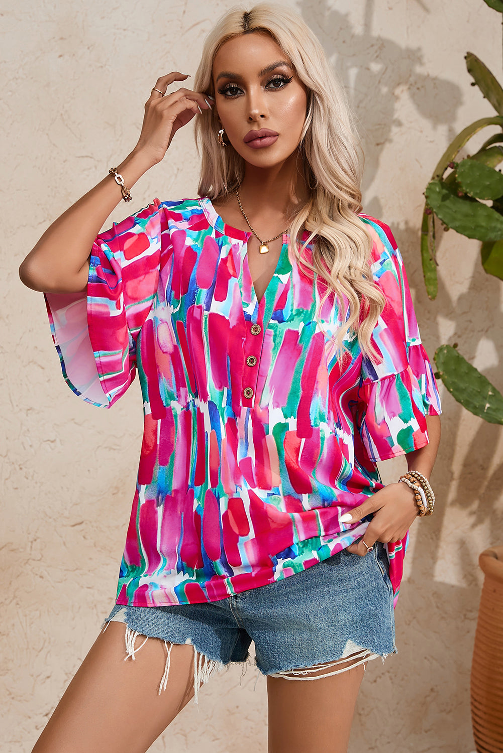 Rose Abstract Brushwork Print Buttoned V Neck Blouse - ThingsWeUseAndLove 