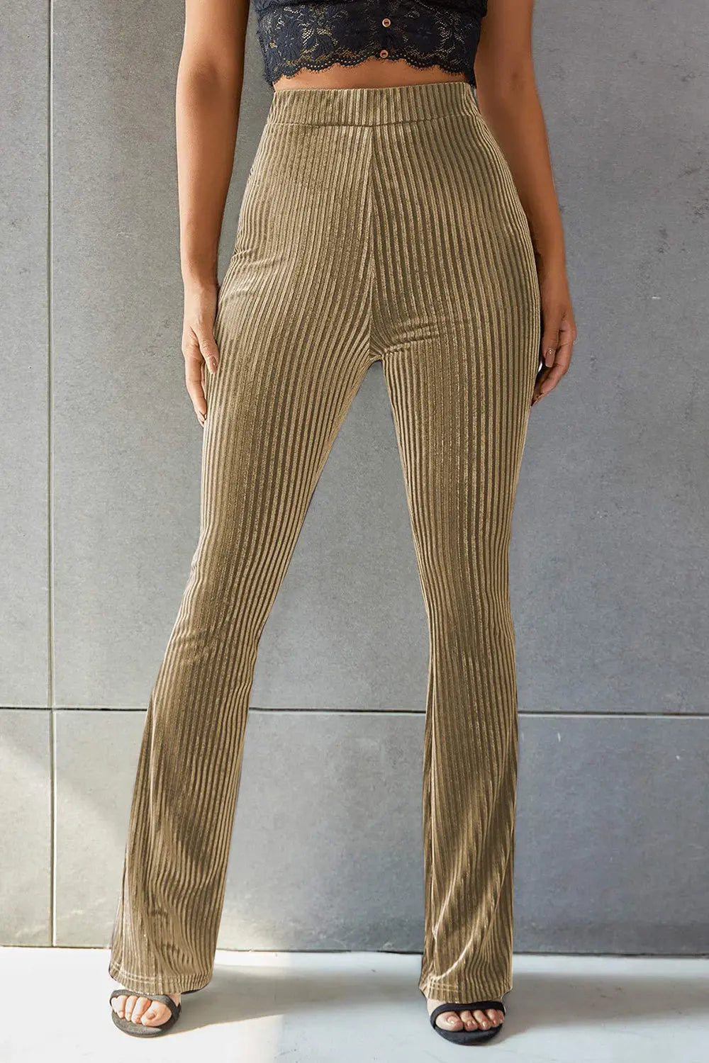 Poppy Ribbed High Waist Flare Pants - ThingsWeUseAndLove Khaki-XL