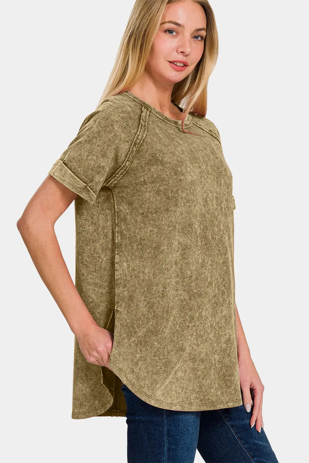 Taylor Mocha Heathered Round Neck Short Sleeve Top - ThingsWeUseAndLove 