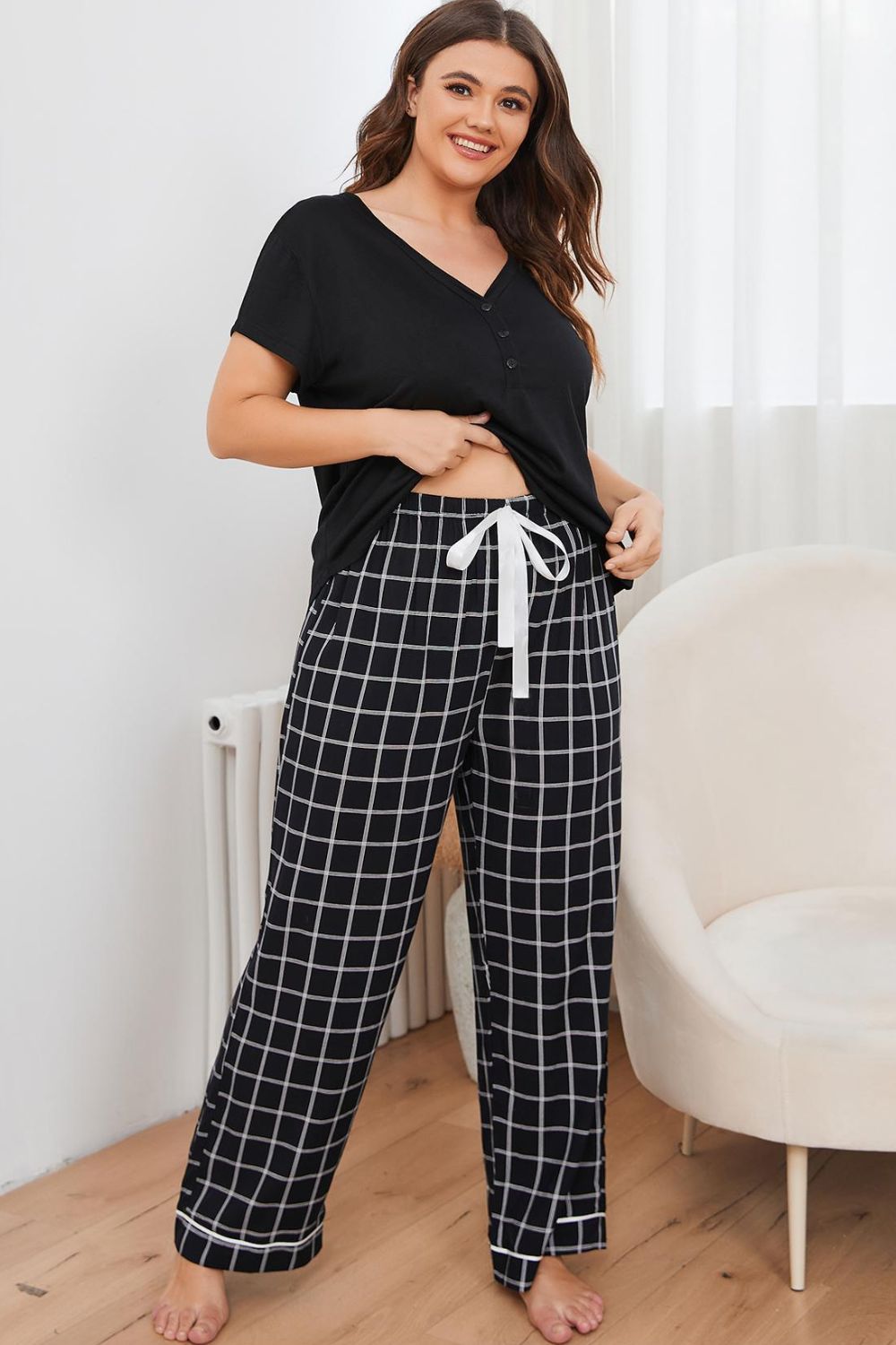 Dreamland Size Inclusive V-Neck Top and Plaid Pants Lounge Set - ThingsWeUseAndLove 