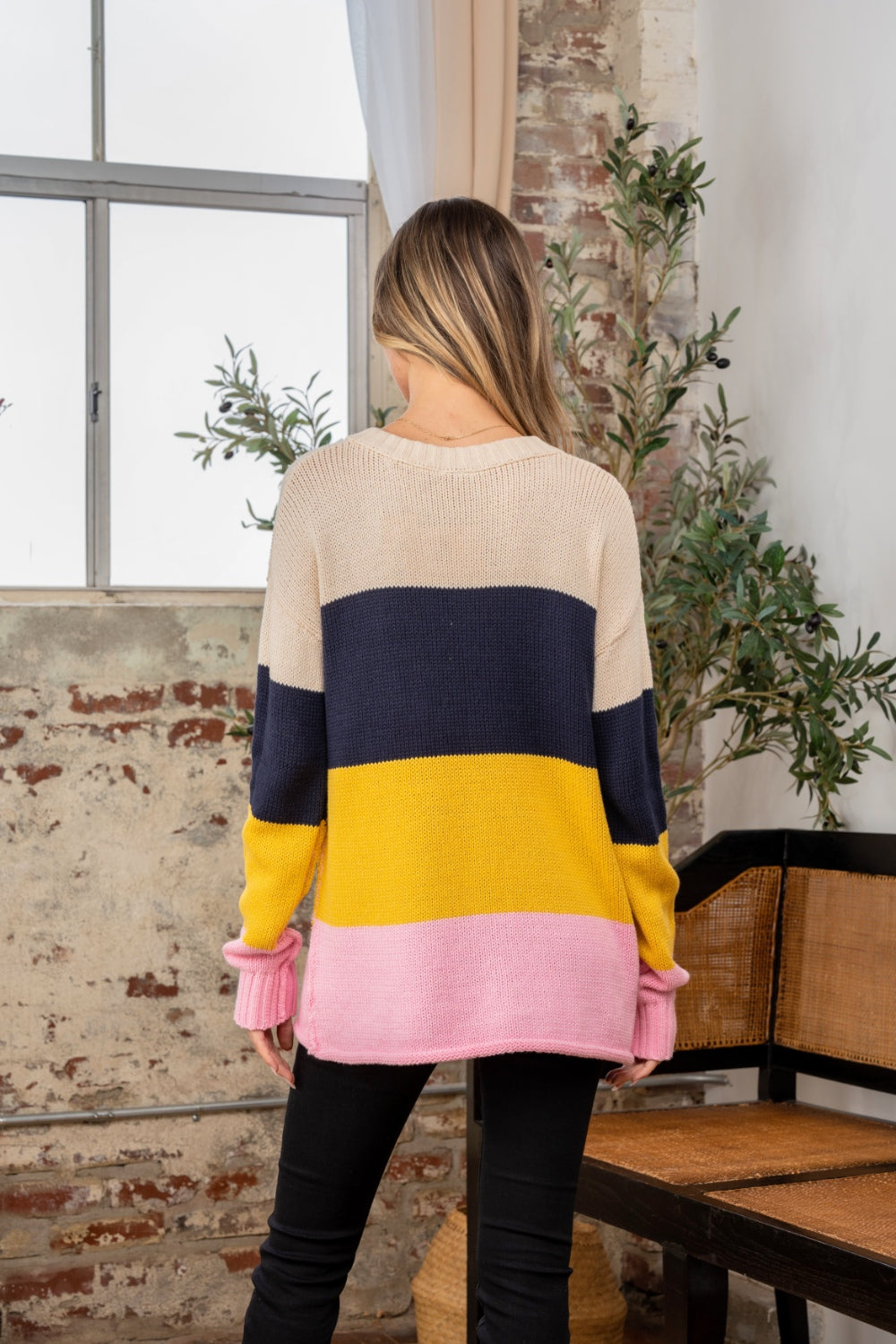 Color Block Exposed Seam Navy/Blush Sweater - ThingsWeUseAndLove 