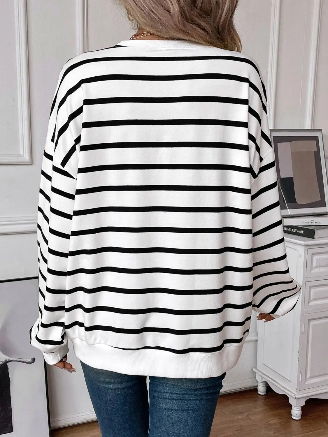 Leslie Striped Round Neck Long Sleeve Sweatshirt - ThingsWeUseAndLove 