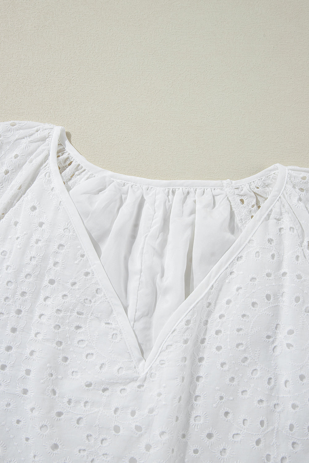 Eyelet Embroidered V Neck Puff Sleeve Blouse - ThingsWeUseAndLove 