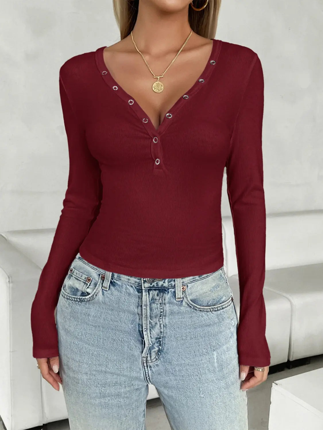 V-Neck Long Sleeve T-Shirt - ThingsWeUseAndLove Burgundy-XL