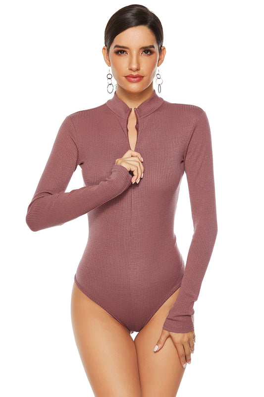 Ribbed Half Zip Long Sleeve Bodysuit - ThingsWeUseAndLove