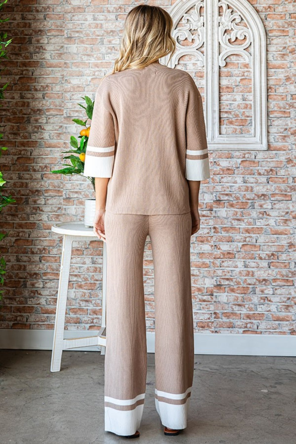 Mochachino Ribbed Knit Pants with White Stripe - ThingsWeUseAndLove 