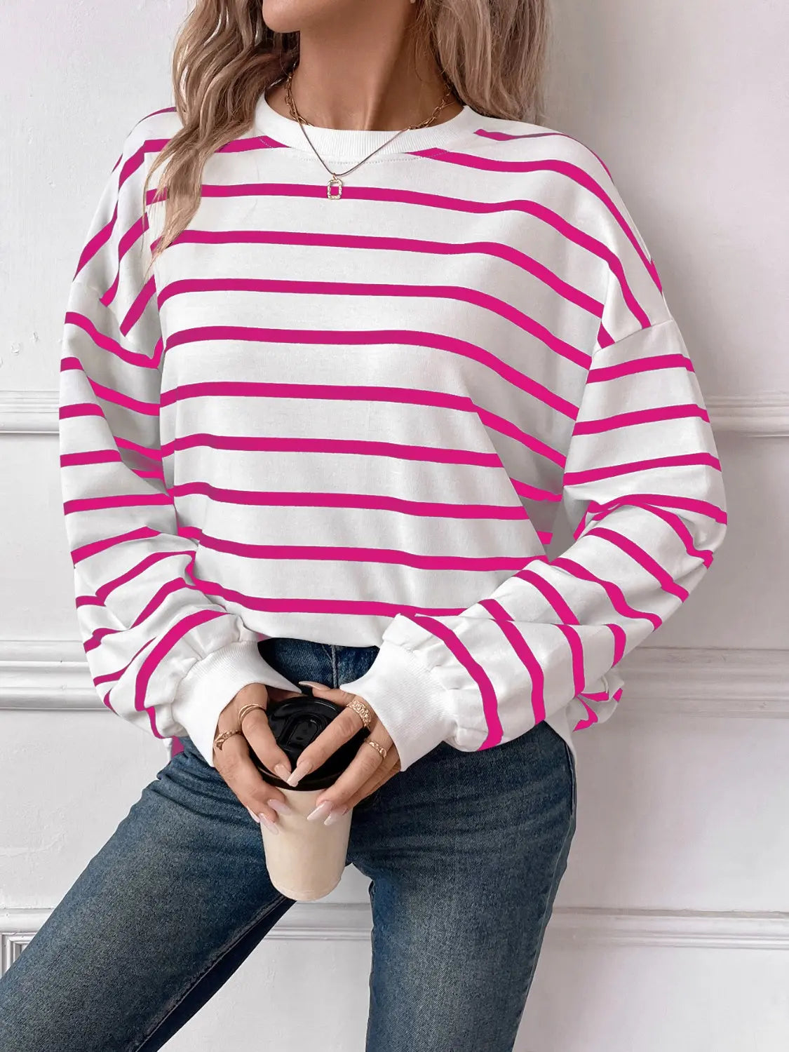 Leslie Striped Round Neck Long Sleeve Sweatshirt - ThingsWeUseAndLove 