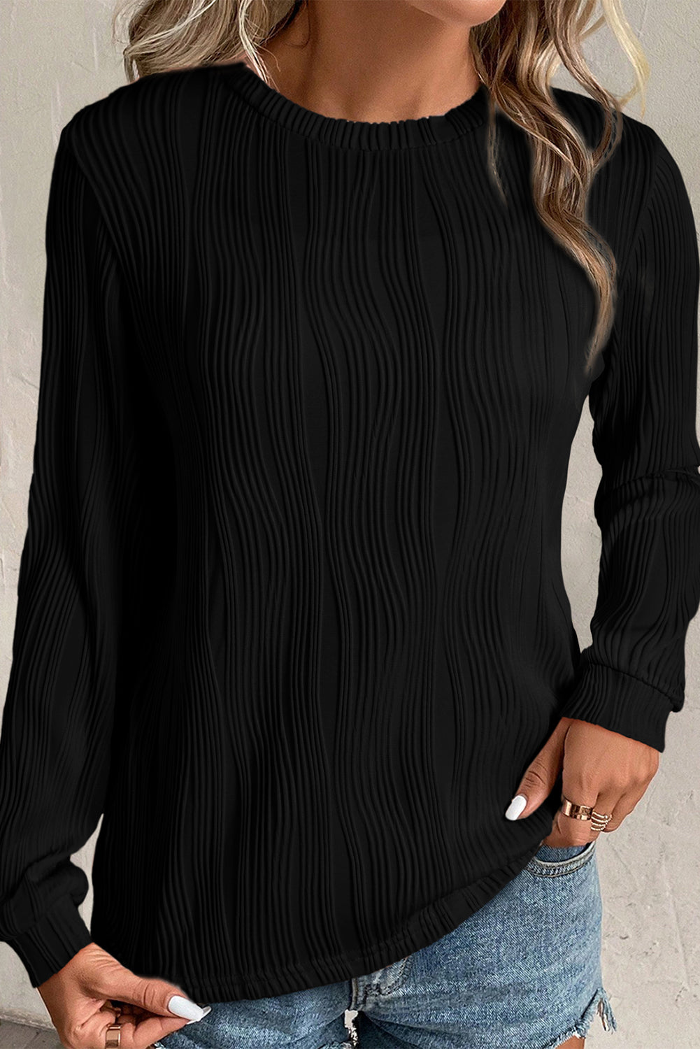 Textured Solid Color Drop Shoulder Pullover Top - ThingsWeUseAndLove Black-2XL