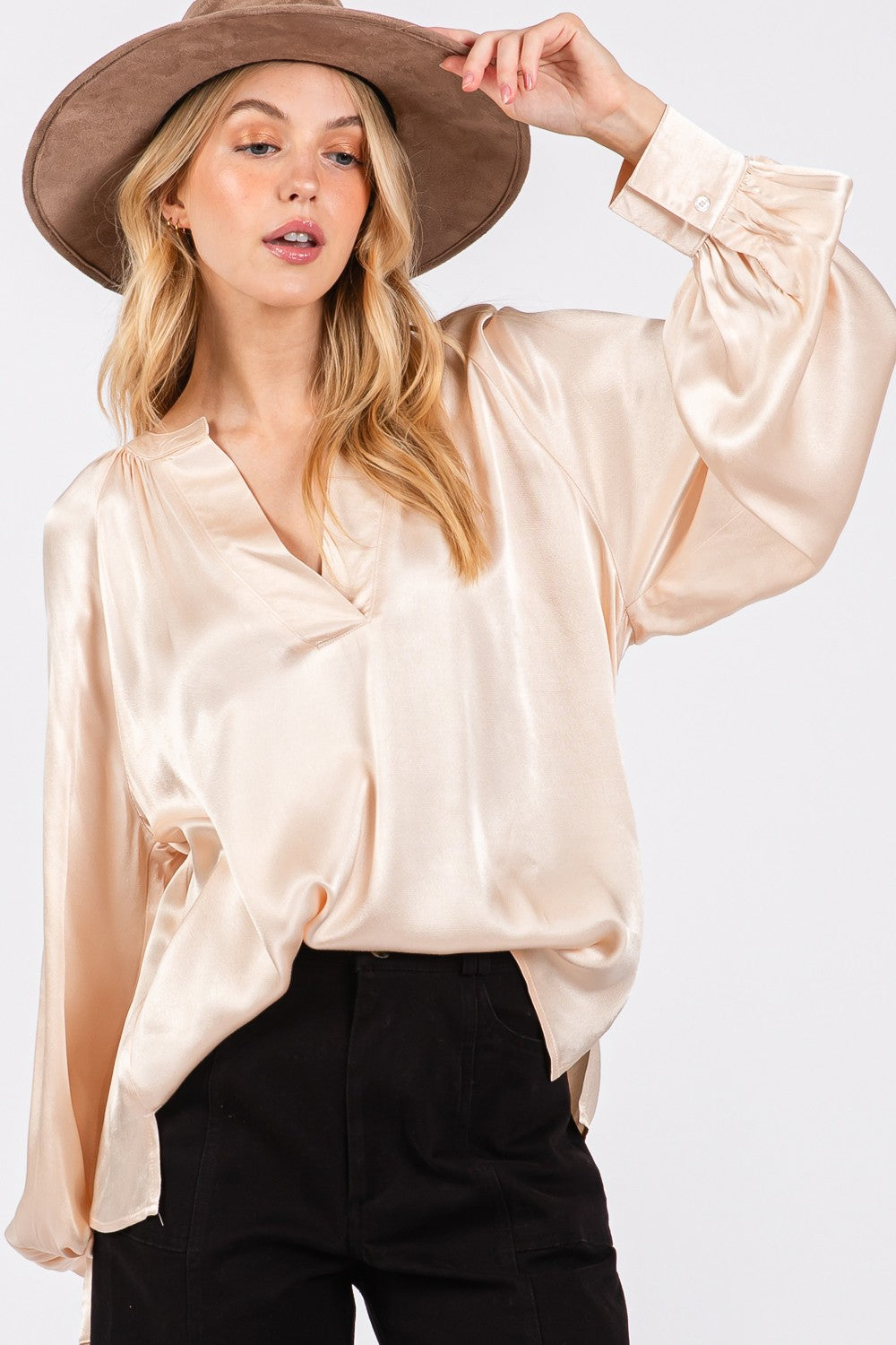 Notched Long Sleeve Blouse - ThingsWeUseAndLove 