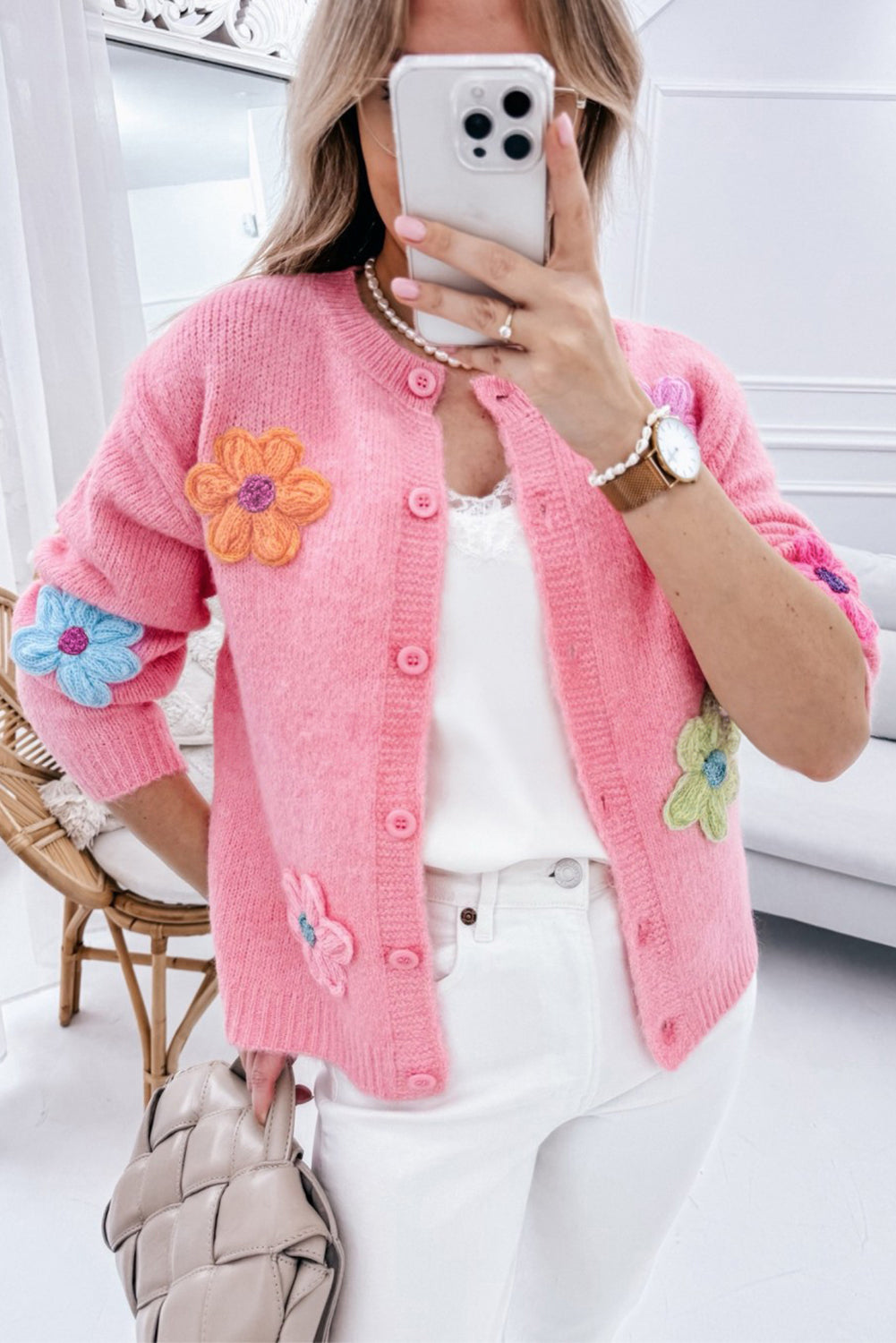 White Cute Flower Pattern Button-Up Cardigan - ThingsWeUseAndLove 