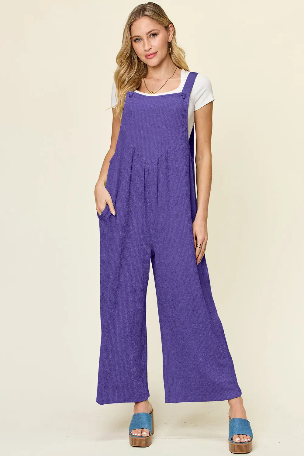 Size Inclusive Texture Sleeveless Wide Leg Overall - ThingsWeUseAndLove Indigo-3XL