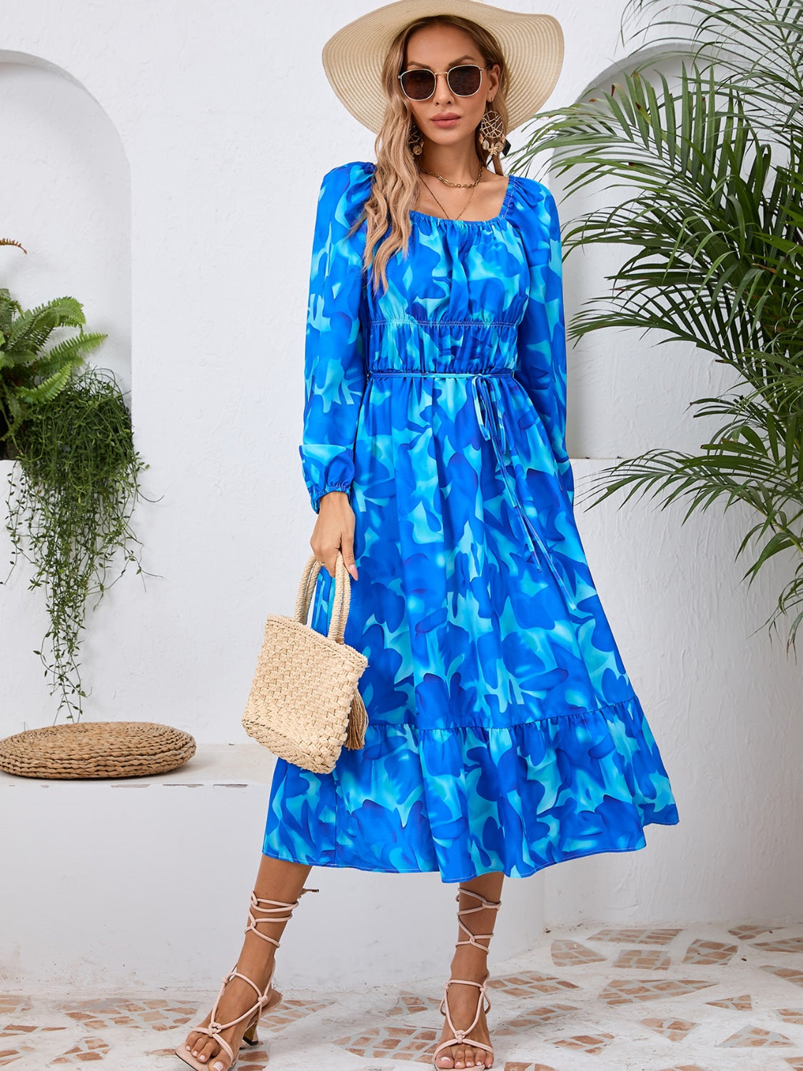 Edite Long Sleeve Printed  Midi Dress - ThingsWeUseAndLove Blue-2XL