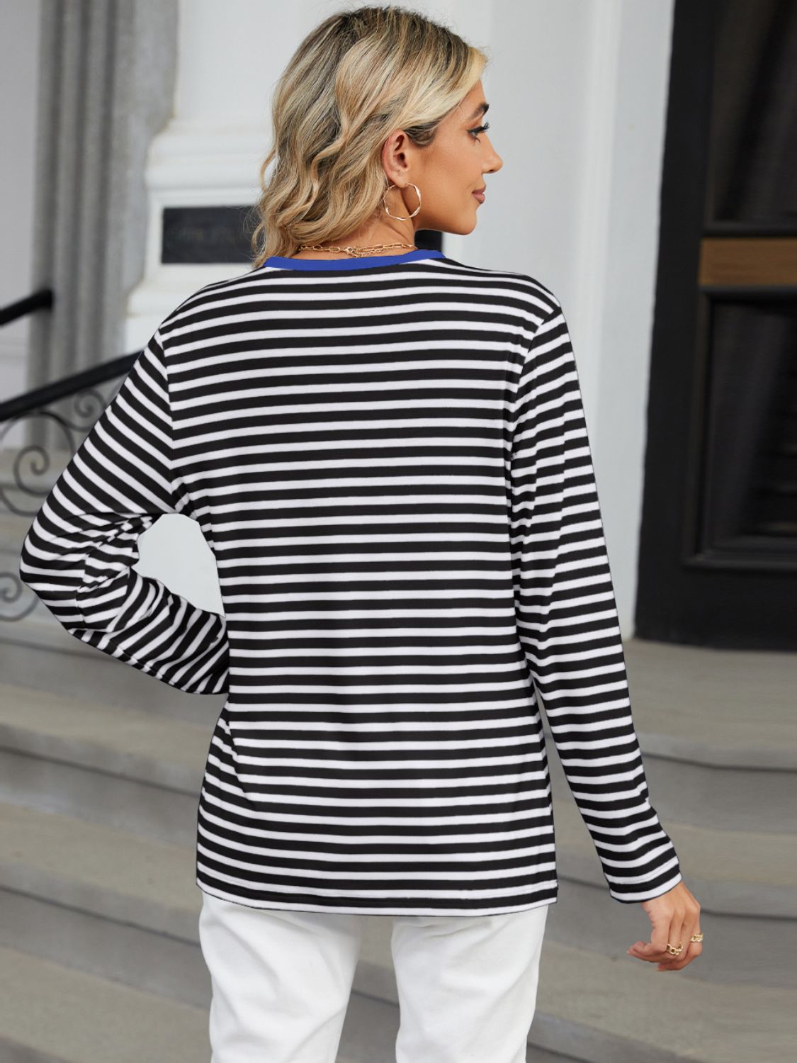 Liza Striped Notched Long Sleeve T-Shirt - ThingsWeUseAndLove 