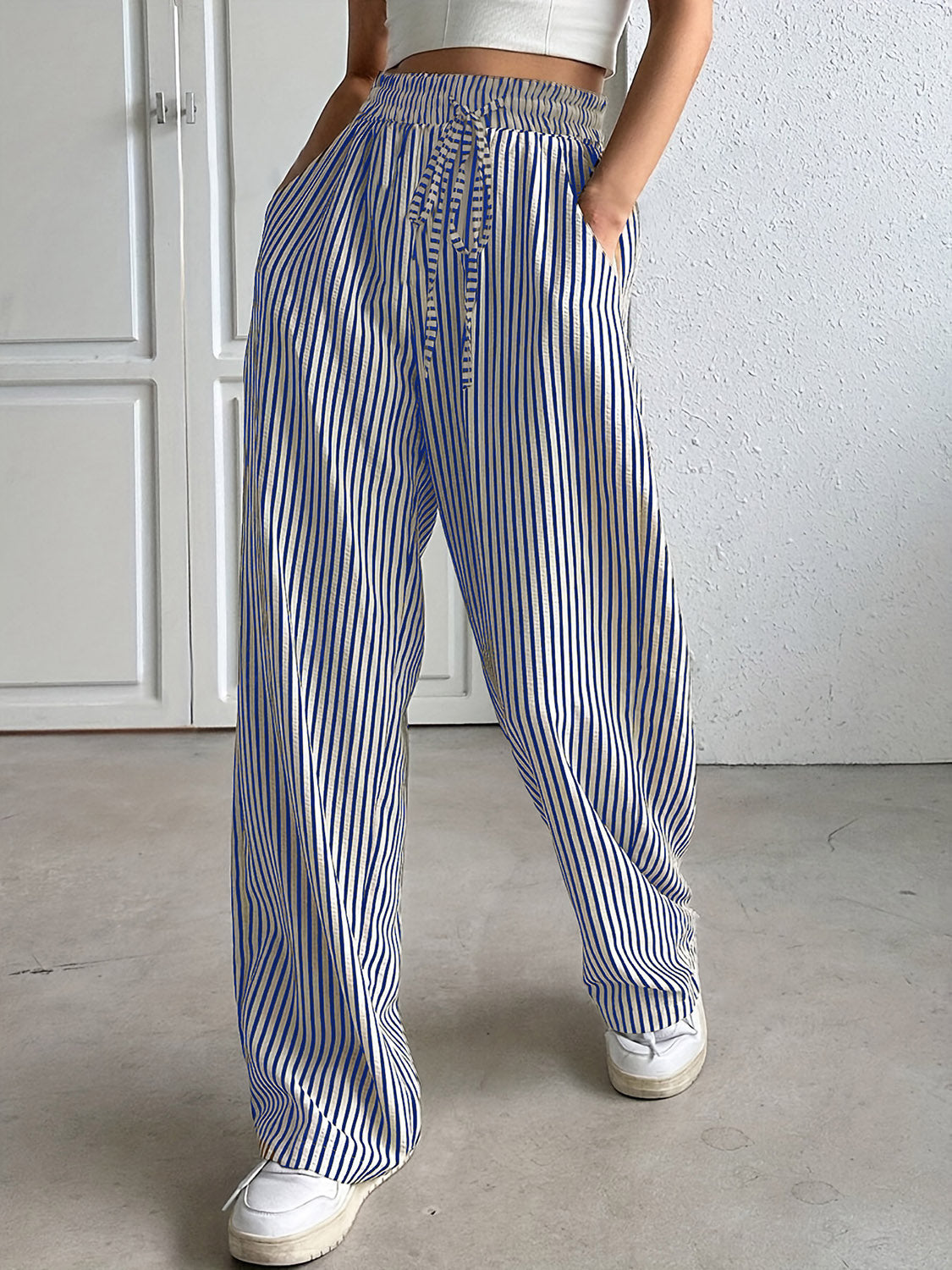 Black and White Drawstring Elastic Waist Pants - ThingsWeUseAndLove Blue-XL