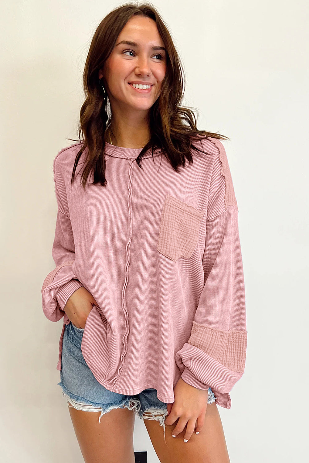 Crinkle Patchwork Long Sleeve Top - ThingsWeUseAndLove 