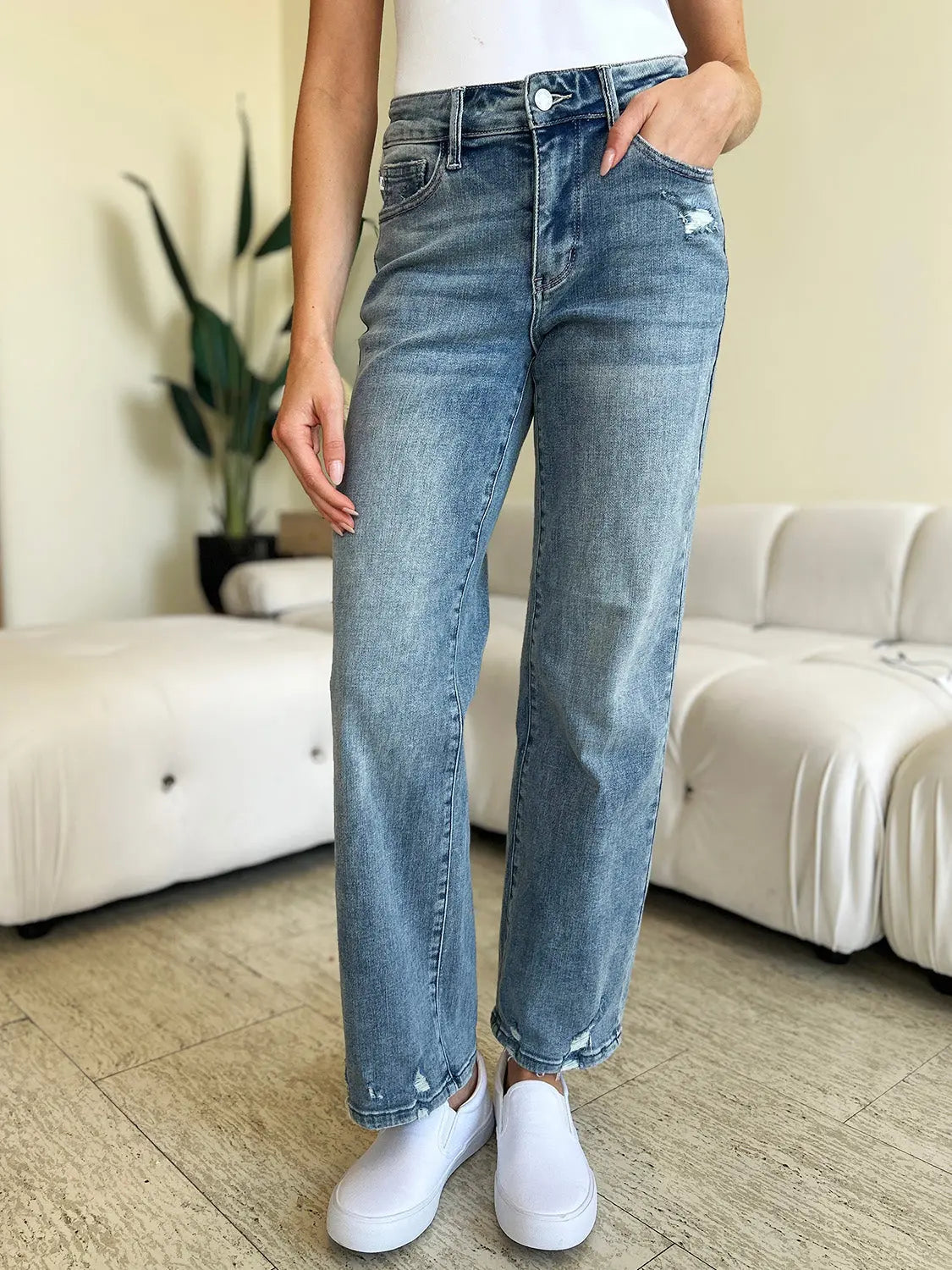 Judy Blue Full Size High Waist Distressed Straight Jeans - ThingsWeUseAndLove 