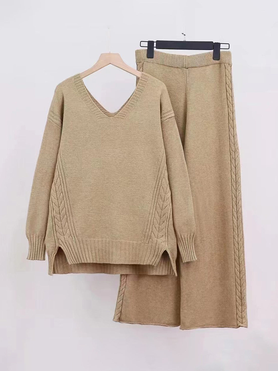 V-Neck Long Sleeve Top and Pants Sweater Set