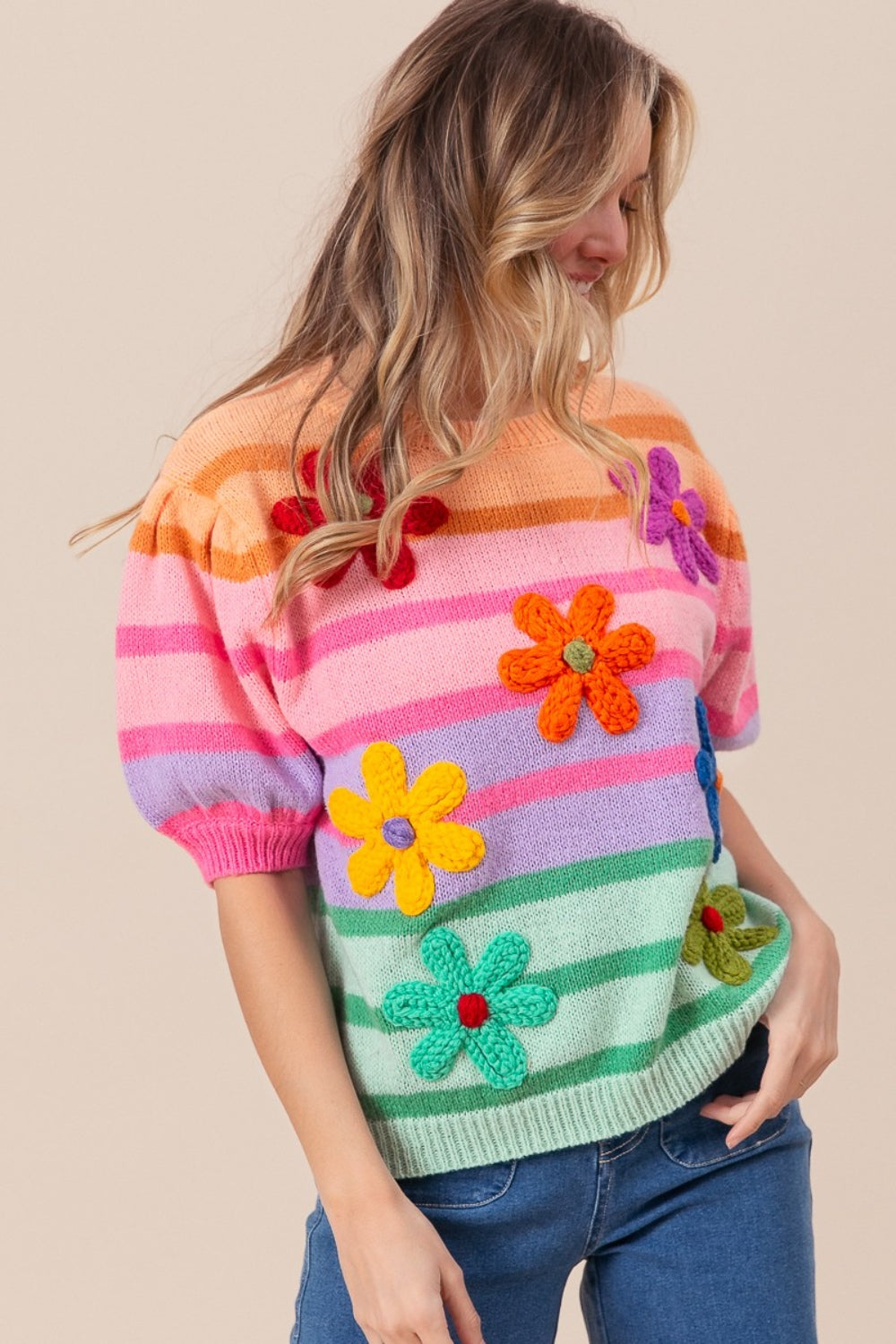 Rainbow & Flowers Puff Sleeve Striped Sweater - ThingsWeUseAndLove 