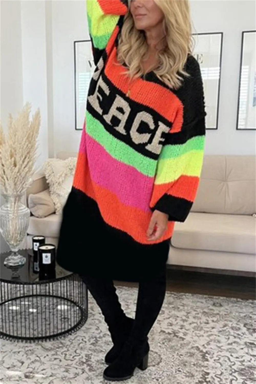 Martella Color Block V-Neck Long Sleeve Sweater Dress - ThingsWeUseAndLove Black-L-XL