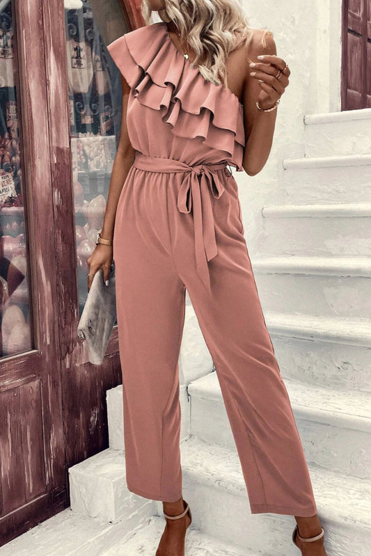 Dusty Pink Asymmetric Shoulder Ruffle Trim Belted Jumpsuit - ThingsWeUseAndLove Dusty-Pink-XL