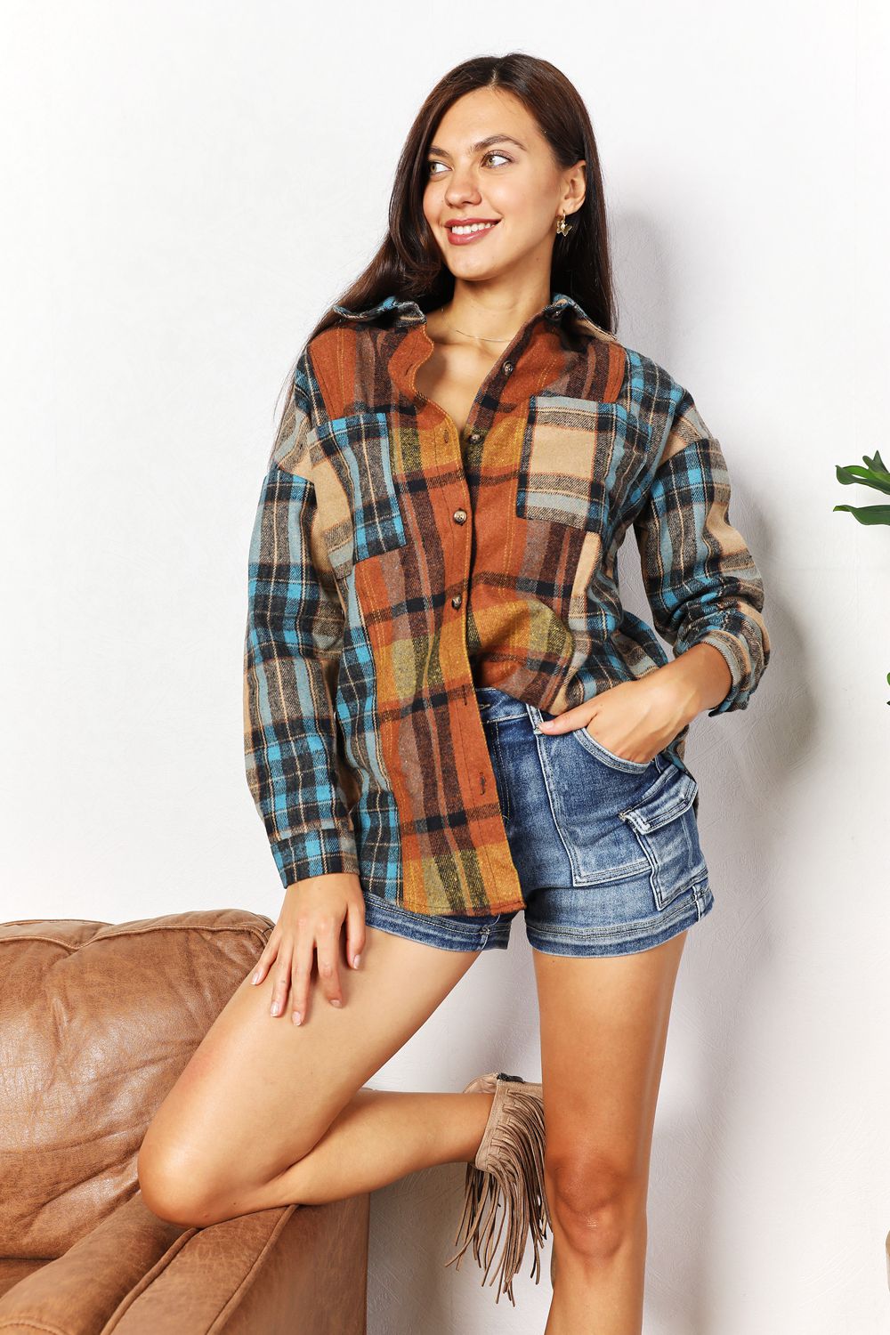 Plaid Curved Hem Shirt Jacket with Breast Pockets - ThingsWeUseAndLove 