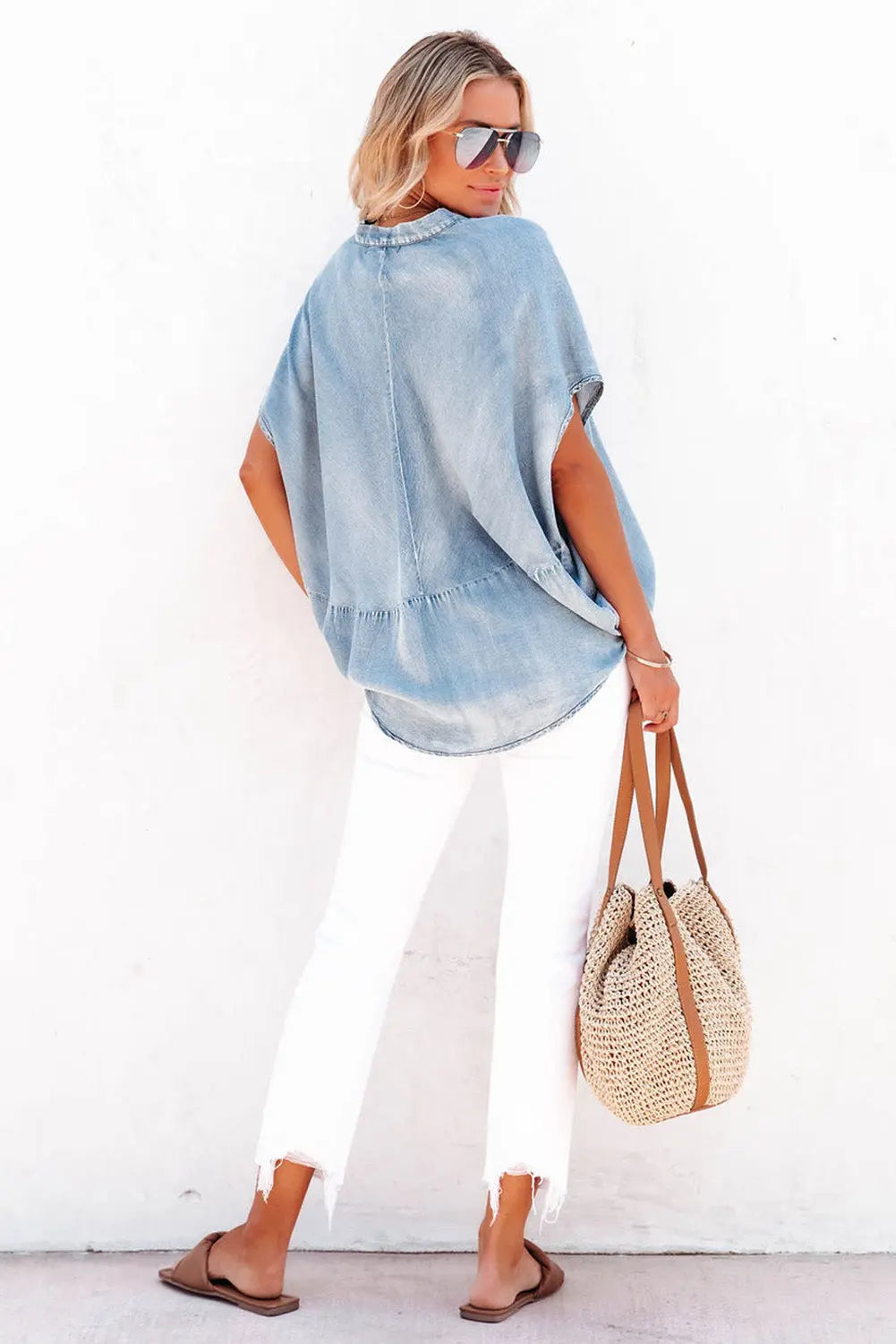 Sky Blue Split V Neck Loose Denim Blouse - ThingsWeUseAndLove 