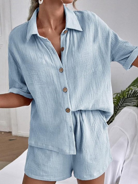 Button Up Short Sleeve Top and Shorts Set - ThingsWeUseAndLove Light-Blue-XL