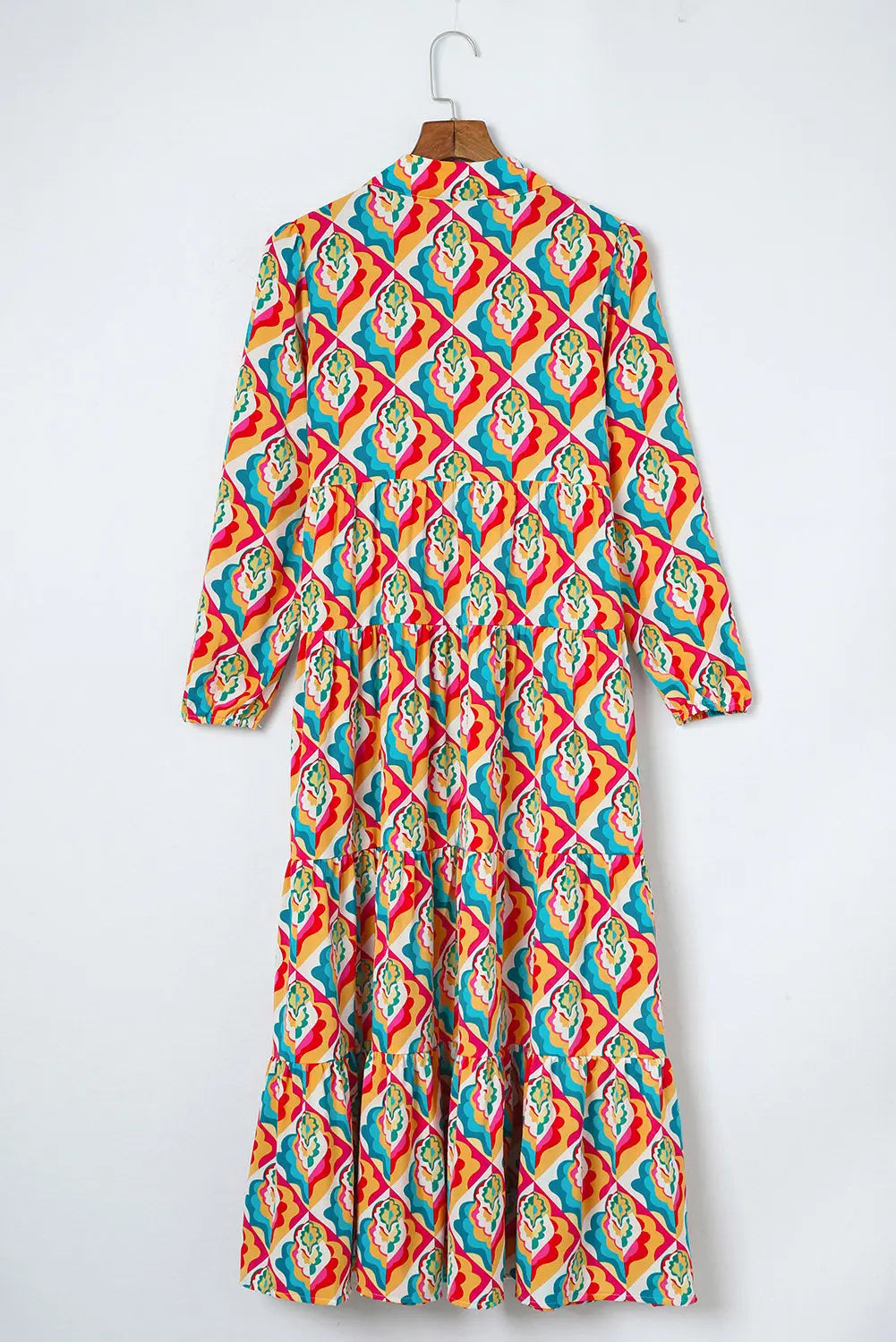 Notch Neck Tiered Multicolor Abstract Geometric Print Boho Dress - ThingsWeUseAndLove 