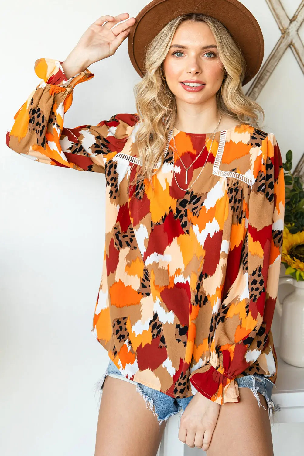 Boho Frill Multicolor Abstract Print Long Sleeve Blouse - ThingsWeUseAndLove 