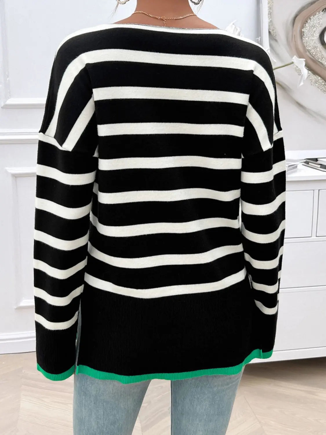 Striped V-Neck Long Sleeve Knit Top - ThingsWeUseAndLove 